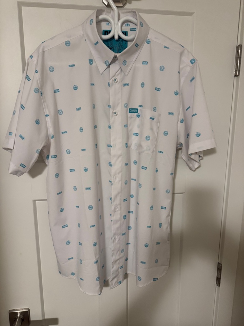 DIXXON White Short-Sleeve Button-Down Shirt with Teal Print